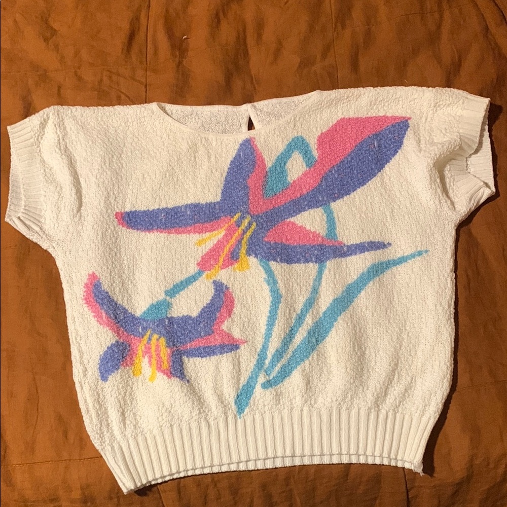 80's Vintage Daylilly Floral Knit Short Sleeve top